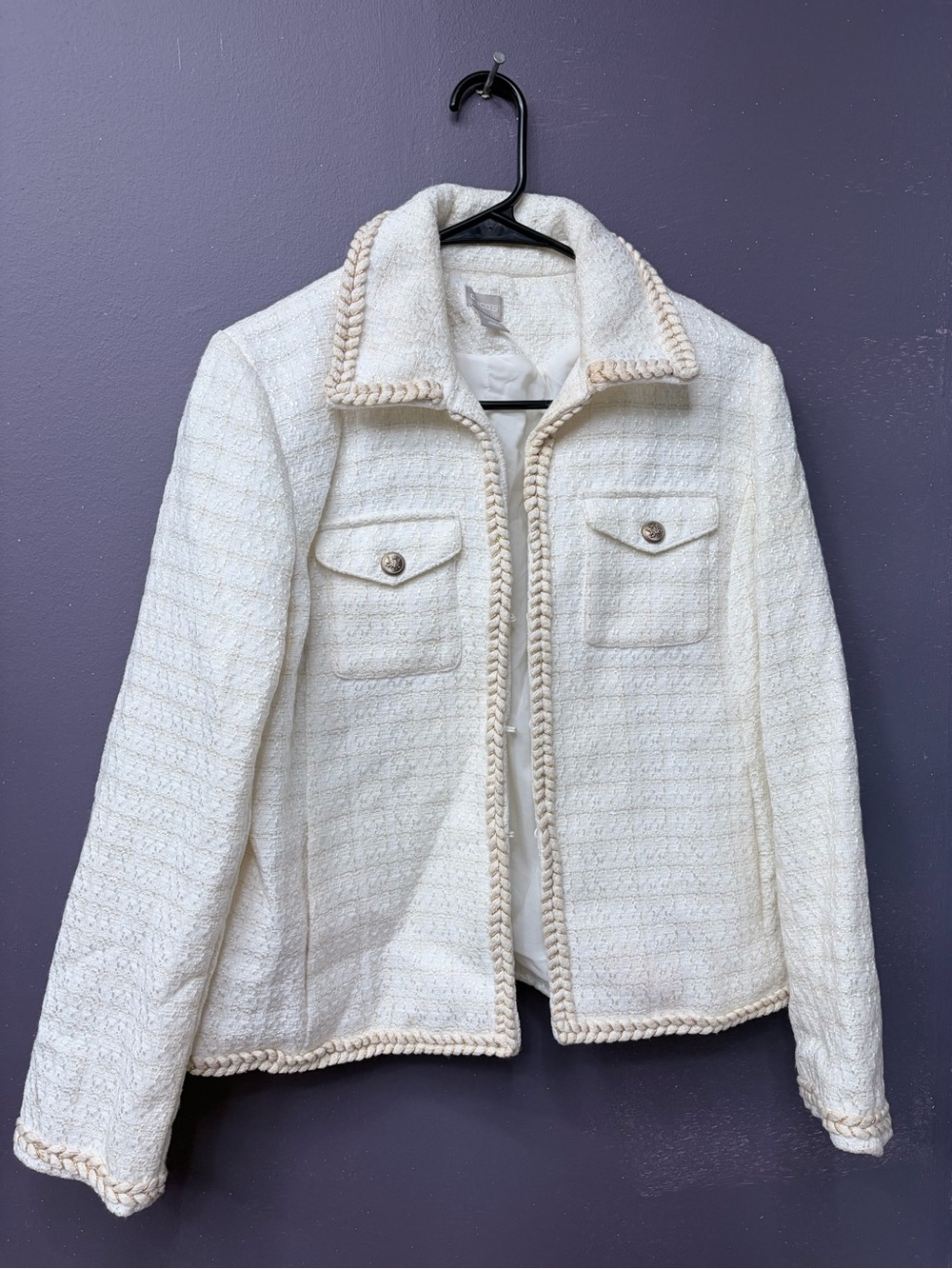 Chico’s Cream Ivory Tweed Jacket Size 0 US 4/6 Braided Trim Metallic